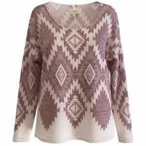 Boho Aztec V-Neck Sweater - Dusty Rose/Cream